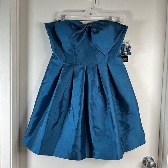 Adrianna Papell Women Silk Mini Bow Dress Sz 12  Prom Party Occasion Blue Stain - Picture 1 of 10